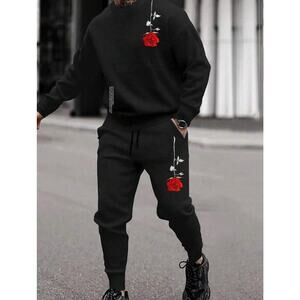 Homme Men Floral Print Thermal Lined Hoodie & Drawstring Waist Sweatpants MEDIUM